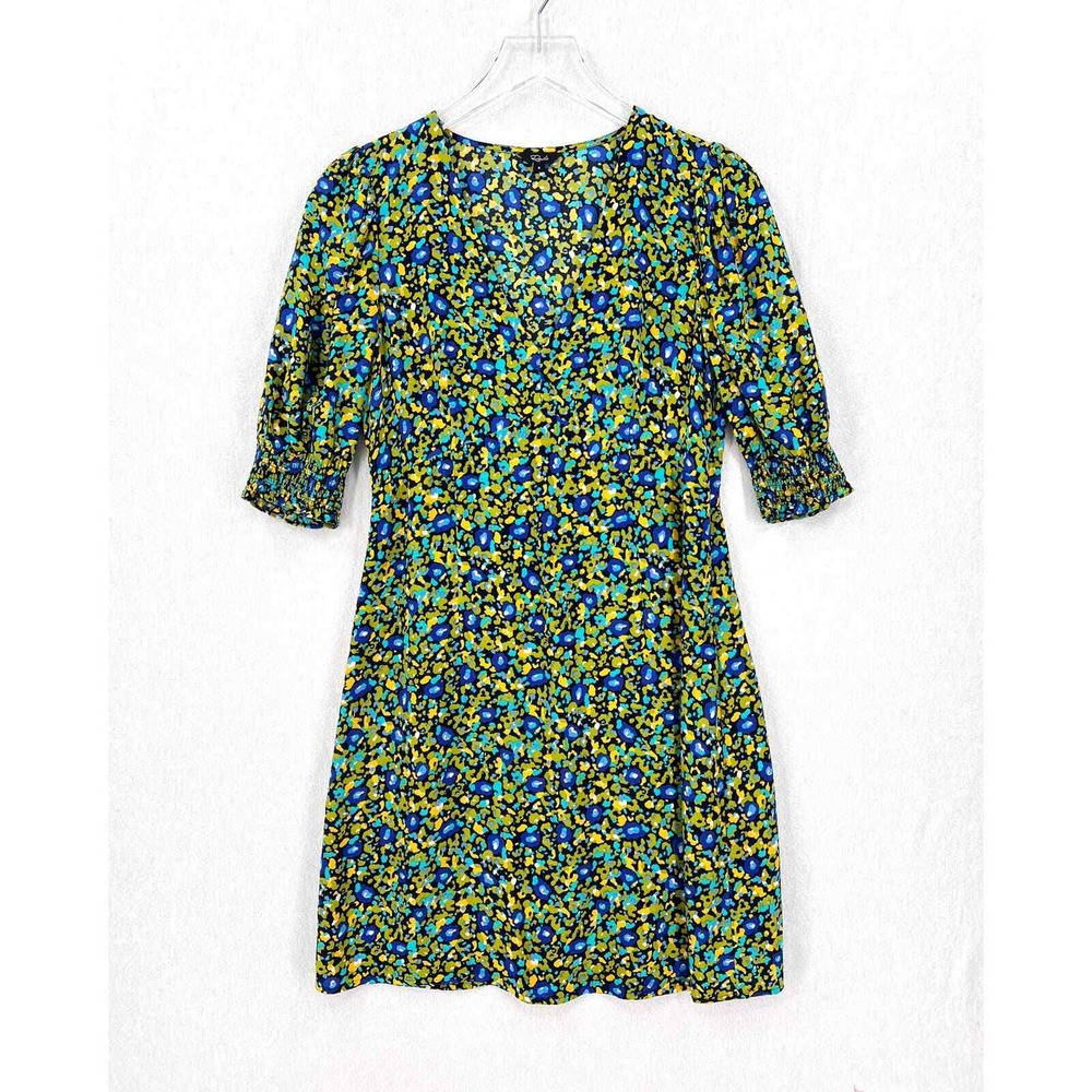 RAILS Roma Abstract Garden Dress Women Small Blue Floral Mini V-Neck Puff Sleeve - Picture 3 of 16